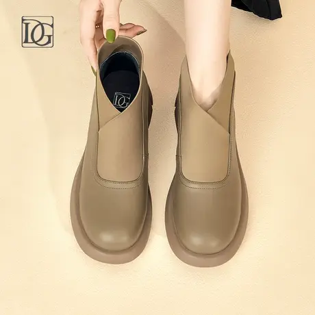 头层牛皮低跟春秋单靴新款真皮厚底瘦瘦靴粗跟短靴及踝靴图片