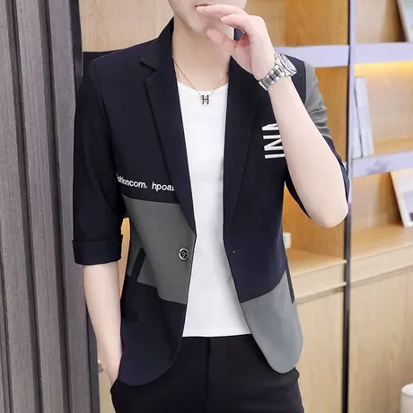 夏季薄款男士七分袖西服中袖小西装外套潮流男装高初中休闲上衣服商品大图
