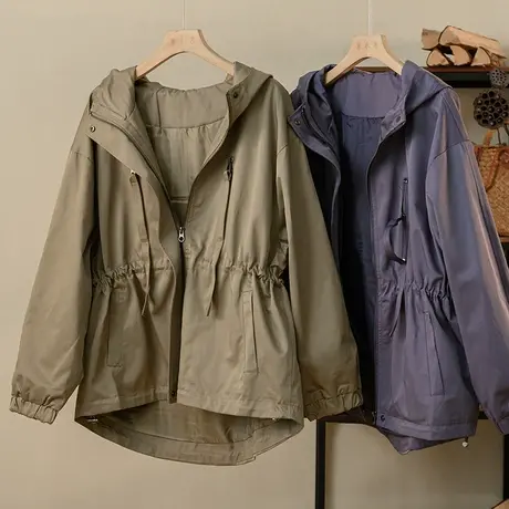 享永子【秋日街头】棉质休闲连帽风衣工装外套日常通勤百搭上衣女商品大图