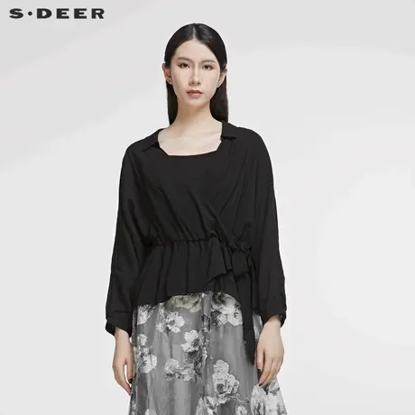 sdeer圣迪奥春秋女装优雅黑色低领收腰垂坠通勤长袖衬衫S20180521图片