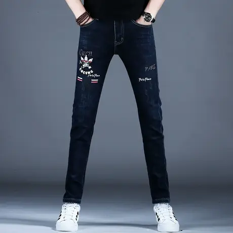 男士新款牛仔裤男款潮牌时尚修身刺绣小脚裤子2023新款秋冬季百搭商品大图