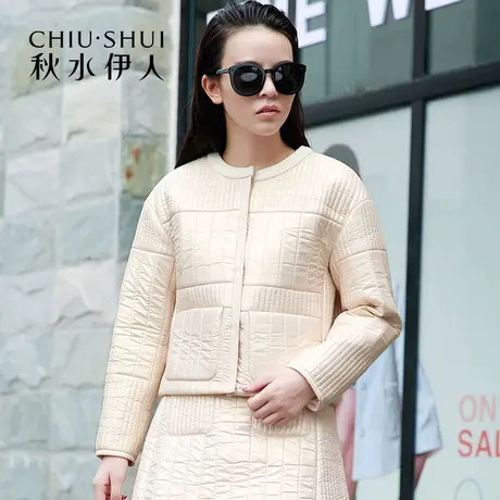 秋水伊人2020秋新款时尚亮色拼接毛呢圆领暗扣短款外套女FV848图片