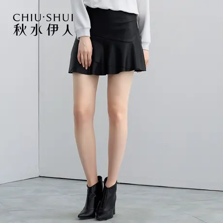 秋水伊人2020秋季新款女装A字荷叶边皮质半身短裙FV1110图片