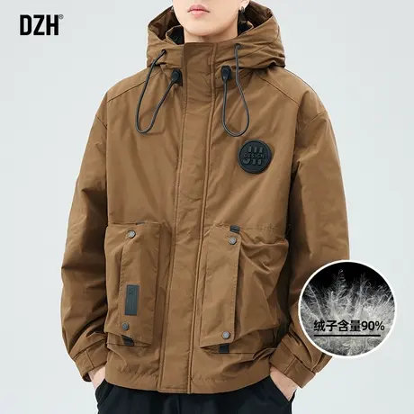 男士咖啡色工装羽绒服男款冬季加厚潮牌外套宽松2023新款连帽上衣商品大图