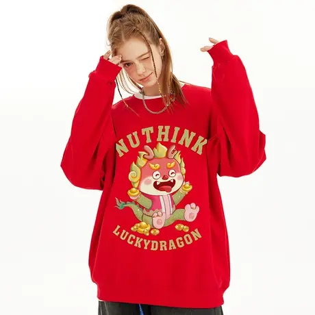 Nuthink国潮420g重磅红色龙年保暖圆领卫衣男潮加绒加厚春季上衣图片