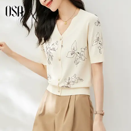 OSA欧莎高支双曲凉爽冰丝小香风v领短袖针织衫女夏季2023年新款商品大图