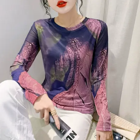 性感网纱圆领打底衫长袖印花扎染上衣气质减龄内塔T恤女春秋新款图片