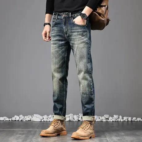美式高街牛仔裤直筒牛仔裤男款男士休闲修身小脚高档休闲牛仔裤图片