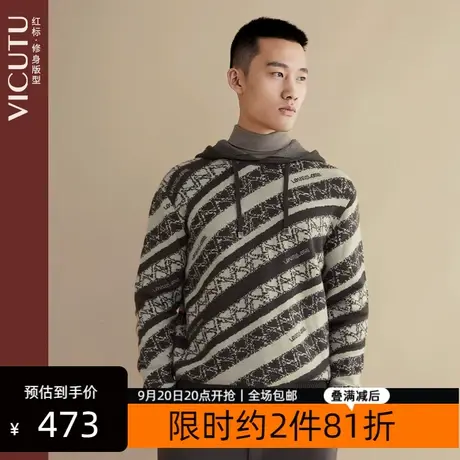 VICUTU/威可多男士长袖T恤春秋款绵羊毛混纺时尚花纹连帽卫衣图片