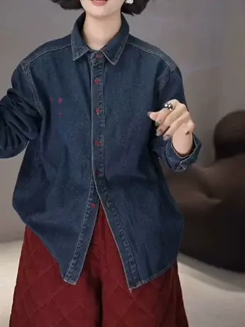 韩系简约设计牛仔衬衣女冬季新简约设计感红色扣子字母刺绣衬衫潮商品大图