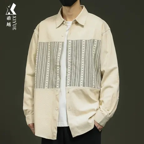 希越休闲纯棉衬衫男2024春季卡其色外套宽松大码男士翻领拼接衬衣商品大图