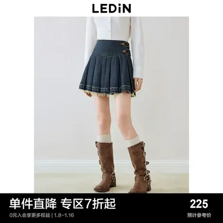 乐町复古学院风百褶裙女2024年春季新款侧边搭袢设计深牛仔蓝短裙图片