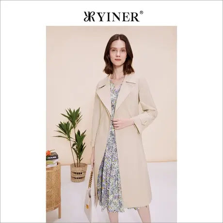YINER音儿女装春季中长款廓形外套系带复古戗驳领风衣商品大图