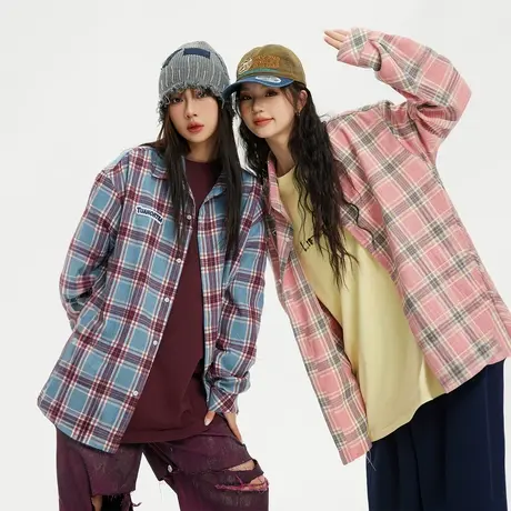 美式复古街头潮牌格子衬衫女春季2024新款情侣装衬衣宽松oversize图片
