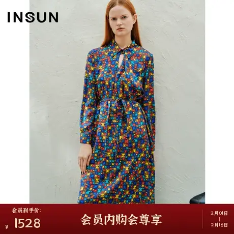 INSUN恩裳春季印花裙子弹力桑蚕丝连衣裙图片