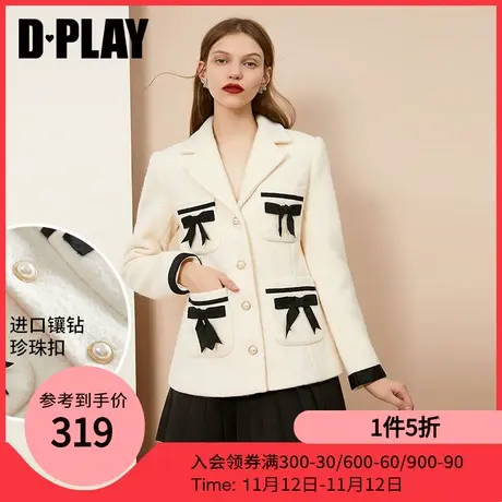DPLAY德帕拉秋款减龄蝴蝶结气质加厚保暖毛呢外套商品大图