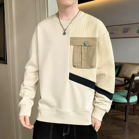 2023秋冬季男士卫衣潮流个性拼接撞色圆领长袖T恤打底衫秋衣男装商品大图