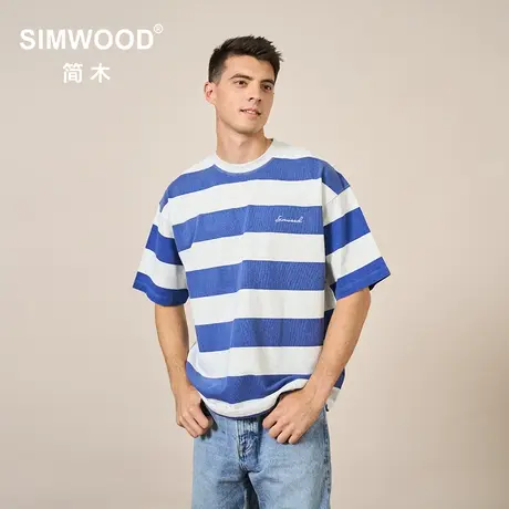 Simwood简木男装【超宽松版型】310g重磅条纹锁链绣休闲短袖T恤男商品大图