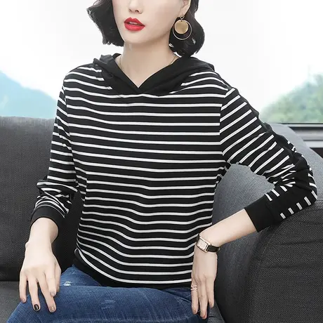 条纹连帽卫衣女春秋款大码纯棉长袖T恤早秋chic上衣宽松外套ins潮图片