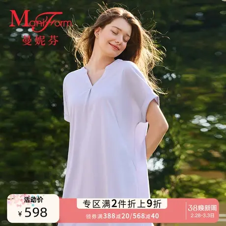 曼妮芬宽松版型圆领半开襟短袖裙装女士家居服舒适睡裙20310879商品大图