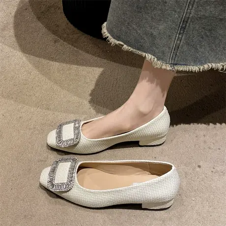 单鞋女浅口2024春新款方头温柔女士豆豆鞋复古白色粗跟中跟奶奶鞋商品大图