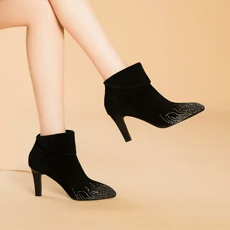 冬季新款加绒短靴优雅气质水钻女靴真皮手工舒适防滑久站不累商品大图