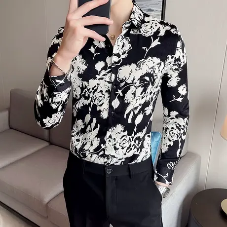 春秋季印花衬衫男士长袖潮流帅气休闲衬衣发型师潮牌时尚男装寸衫商品大图