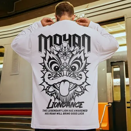 2023新款国潮醒狮t恤胖子男潮ins长袖潮牌宽松春季加肥加大码男装商品大图