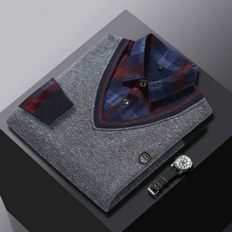 冬季毛衣男中青年加绒加厚保暖休闲衬衫领假两件套头针织衫爸爸装商品大图