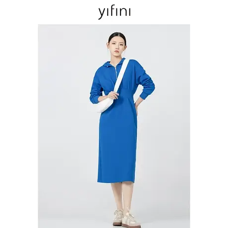 Yifini/易菲收腰气质连帽卫衣裙连衣裙女2023秋季新款落肩一步裙图片