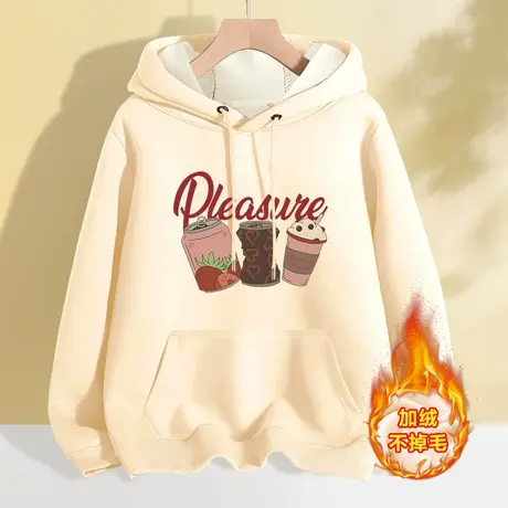 奶系连帽加绒卫衣女2023秋冬新款女装宽松上衣小众设计感带帽外套商品大图