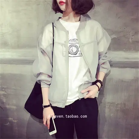 2023韩国东门百搭薄款欧根纱立领拉链短外套女休闲防晒衣棒球服夏商品大图