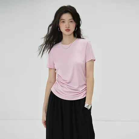 omont蛋挞家 纯色设计感短袖T恤女2023夏新修身正肩显瘦圆领上衣商品大图