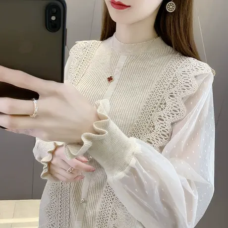 早春新款半高领针织衫蕾丝长袖拼接套头韩版上衣洋气外穿上衣潮商品大图