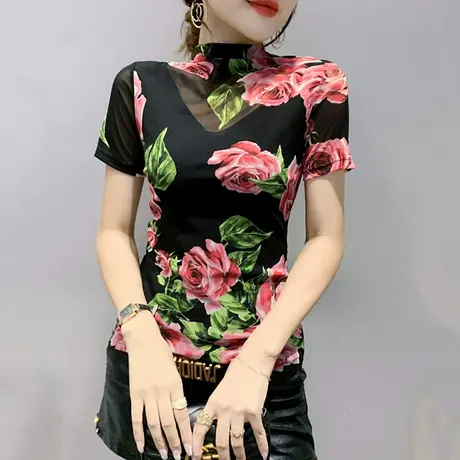 半高领打底衫女2023新款时尚印花短袖T恤女秋装复古网纱上衣小衫商品大图