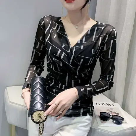 性感网纱打底衫女春秋2023新款透视洋气上衣设计感交叉V领T恤长袖商品大图