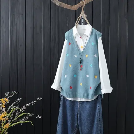 秋季新款马甲复古文艺刺绣图案V领女装上衣针织无袖毛衣马夹背心商品大图