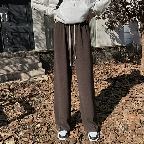 抽绳阔腿裤女2022年秋冬季新款棕咖色高腰垂感直筒针织拖地长裤子图片