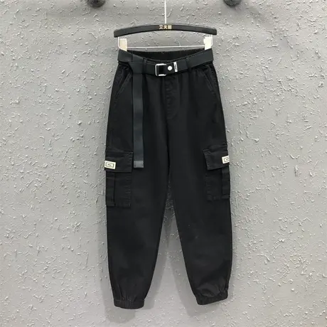 2023秋季新款口袋女松紧腰宽松显瘦休闲牛仔哈伦裤贴标束脚工装裤图片