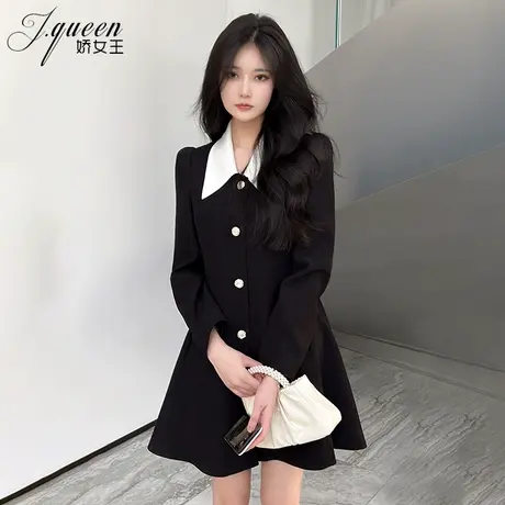 连衣裙2023秋季新款法式赫本风小黑裙撞色尖领小众设计感高腰短裙图片