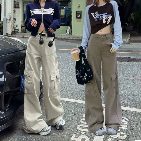 奶油白色阔腿休闲工装裤女秋季2023年新款设计感百搭宽松直筒裤子商品大图