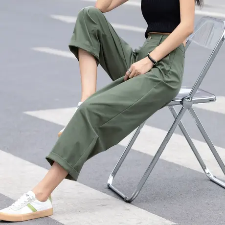 军绿色裤子女夏季薄款小个子九分天丝直筒裤2023新款阔腿冰丝女裤商品大图