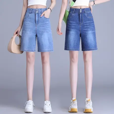 薄款牛仔短裤女2023夏季新款设计感高腰五分裤大码显瘦休闲阔腿裤图片
