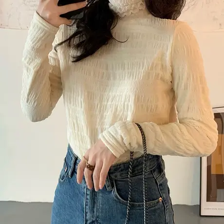 高领德绒蕾丝打底衫长袖t恤女秋冬内搭设计感小众加绒加厚上衣服图片