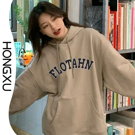 红续春秋新款简约印花连帽卫衣套头oversize显瘦显白加厚上衣长袖图片