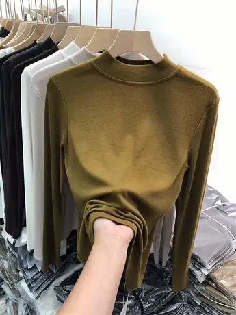 半高领拼接绒针织衫长袖t恤女装2022秋季新款上衣纯色修身打底衫商品大图