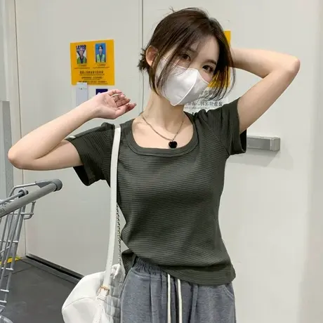 华夫格短袖t恤女夏季2023设计感chic港味修身显瘦短款正肩上衣服商品大图