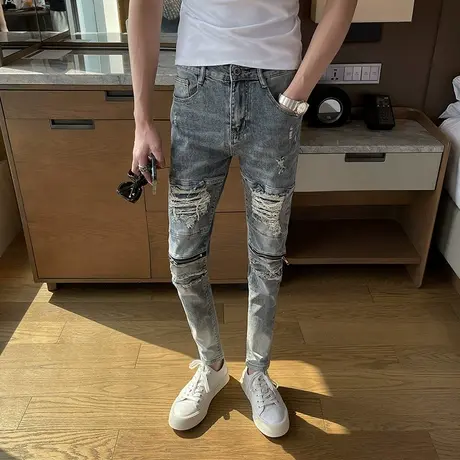 2023春夏新款个性破洞拉链装饰牛仔裤修身小脚裤男潮乞丐破洞长裤商品大图