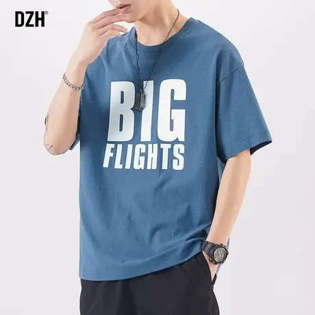 男士重磅蓝色短袖t恤男宽松大码字母印花上衣夏季男装2023年新款商品大图