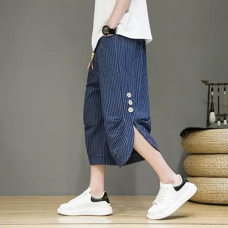 男士宽松薄款条纹七分裤直筒休闲运动裤子棉麻阔腿哈伦裤休闲短裤商品大图